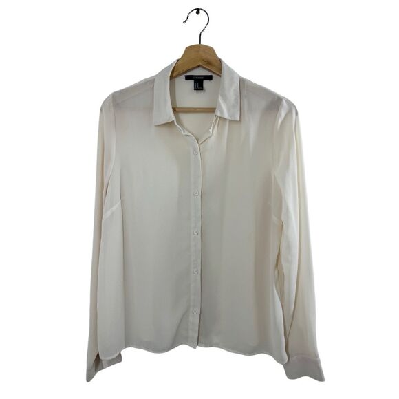 Forever 21 White Long Sleeve Button Up Shirt Size M Collared Sheer Plain - Picture 1 of 9
